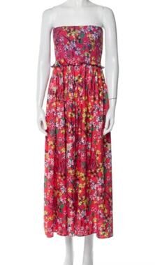 Loretta Caponi Luisa Smocked Strapless Floral Red Tropical Midi Dress Tuckernuck